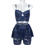 Ihoov Lace & Metal Chain Cross-Strap Four-Piece Erotic Lingerie Set