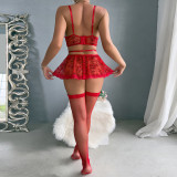 Ihoov Red Lace Sheer Sexy Four-Piece Lingerie Set
