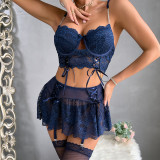 Ihoov Lace & Metal Chain Cross-Strap Four-Piece Erotic Lingerie Set