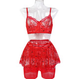 Ihoov Red Lace Sheer Sexy Four-Piece Lingerie Set