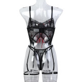 Ihoov Floral Embroidered Cross-Strap Sexy Lingerie Three-Piece Set
