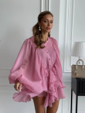 Ihoov Chic Button-Down Ruffle Lantern Sleeve Cropped Dress