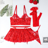 Ihoov Red Lace Sheer Sexy Four-Piece Lingerie Set