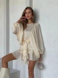 Ihoov Chic Button-Down Ruffle Lantern Sleeve Cropped Dress