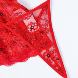 Ihoov Red Lace Sheer Sexy Four-Piece Lingerie Set