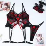 Ihoov Floral Embroidered Cross-Strap Sexy Lingerie Three-Piece Set