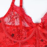 Ihoov Red Lace Sheer Sexy Four-Piece Lingerie Set