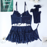 Ihoov Lace & Metal Chain Cross-Strap Four-Piece Erotic Lingerie Set