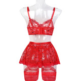 Ihoov Red Lace Sheer Sexy Four-Piece Lingerie Set