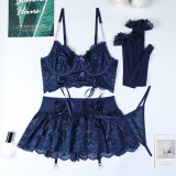 Ihoov Lace & Metal Chain Cross-Strap Four-Piece Erotic Lingerie Set