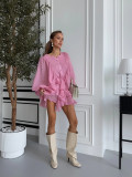 Ihoov Chic Button-Down Ruffle Lantern Sleeve Cropped Dress