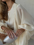 Ihoov Chic Button-Down Ruffle Lantern Sleeve Cropped Dress