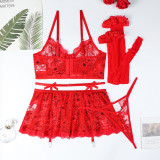 Ihoov Red Lace Sheer Sexy Four-Piece Lingerie Set