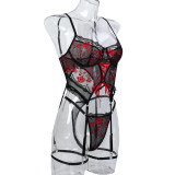 Ihoov Floral Embroidered Cross-Strap Sexy Lingerie Three-Piece Set