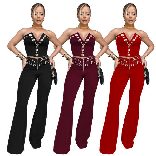 IHOOV Sexy Tube Top & Metal Buckle Wide-Leg Pants Set