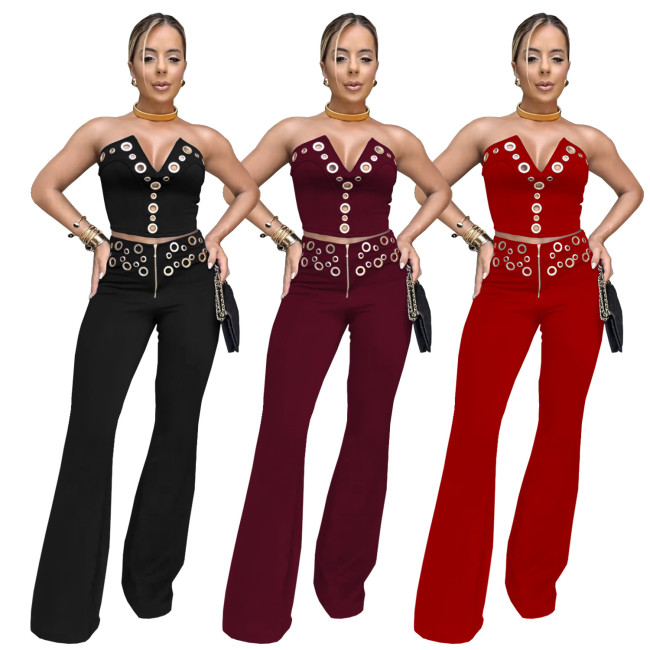 IHOOV Sexy Tube Top & Metal Buckle Wide-Leg Pants Set