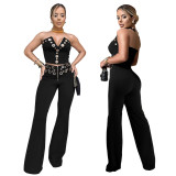 IHOOV Sexy Tube Top & Metal Buckle Wide-Leg Pants Set