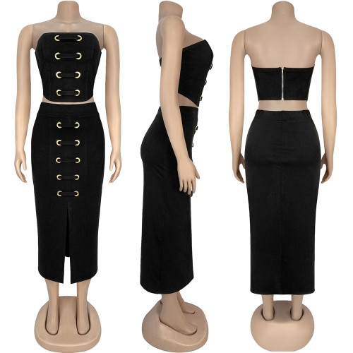 IHOOV Sexy Strapless Crop Top & Side-Slit Skirt Set