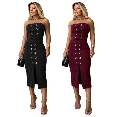IHOOV Sexy Strapless Crop Top & Side-Slit Skirt Set