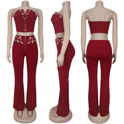 IHOOV Sexy Tube Top & Metal Buckle Wide-Leg Pants Set
