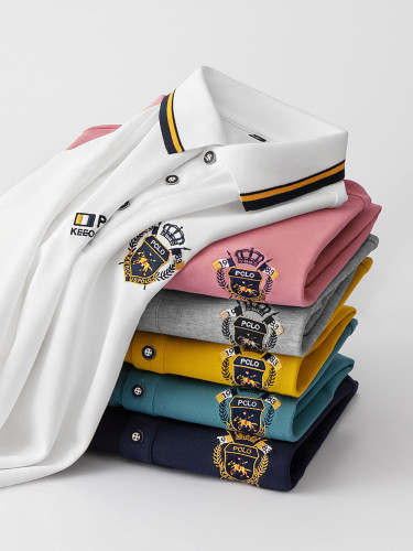 Solid Color Mesh Embroidered Polo Shirt for Men
