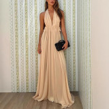 Pleats and Halter Neck Deep V Backless Long Evening Gown