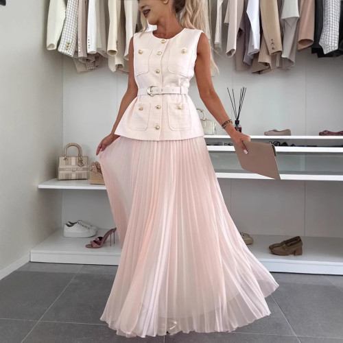 Chic Sleeveless Vest & Mesh Pleated Midi Skirt Two-Piece Set