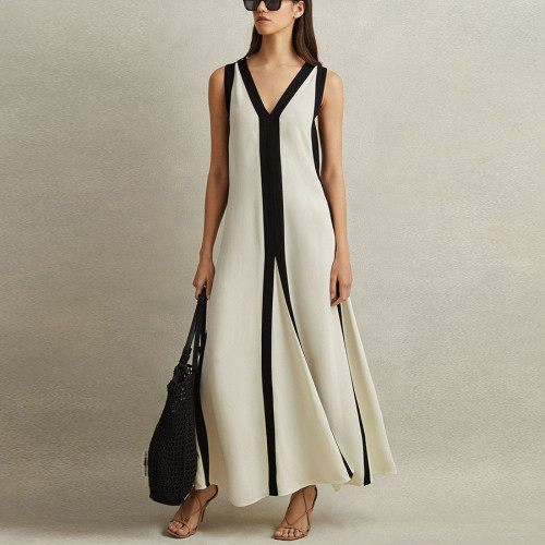 Reversible V-Neck Color-Block Casual Dress