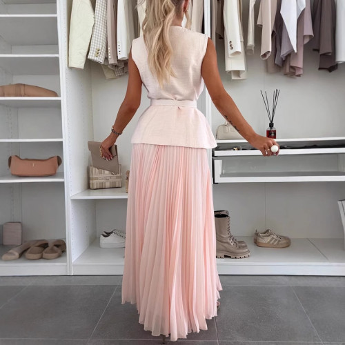 Chic Sleeveless Vest & Mesh Pleated Midi Skirt Two-Piece Set