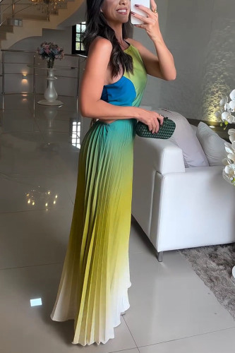 Sleeveless Pleated Backless Gradient Color Dress