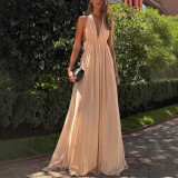 Pleats and Halter Neck Deep V Backless Long Evening Gown