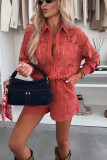 Casual Collar Button-Front Top with Lace Shorts Set
