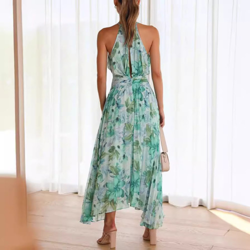 Sleeveless V-Neck Printed Maxi Dress with Halter Neck and Flared Skirt