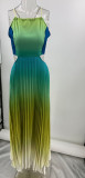 Sleeveless Pleated Backless Gradient Color Dress