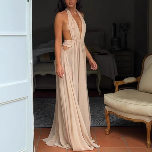 Pleats and Halter Neck Deep V Backless Long Evening Gown