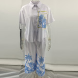 Casual Linen Cotton Short Sleeve Shirt & Long Pants Set