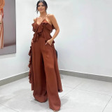 Chiffon Tank Top & Wide-Leg Pants Set with Ruffled V-Neck