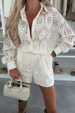 Casual Collar Button-Front Top with Lace Shorts Set