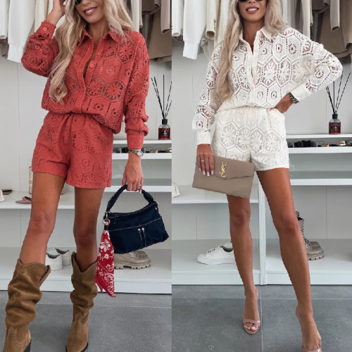 Casual Collar Button-Front Top with Lace Shorts Set