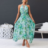 Sleeveless V-Neck Printed Maxi Dress with Halter Neck and Flared Skirt