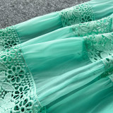 V-Neck Lace Panel Waist-Emphasizing Long Sleeve Elegant Dress