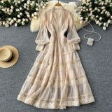 V-Neck Lace Panel Waist-Emphasizing Long Sleeve Elegant Dress