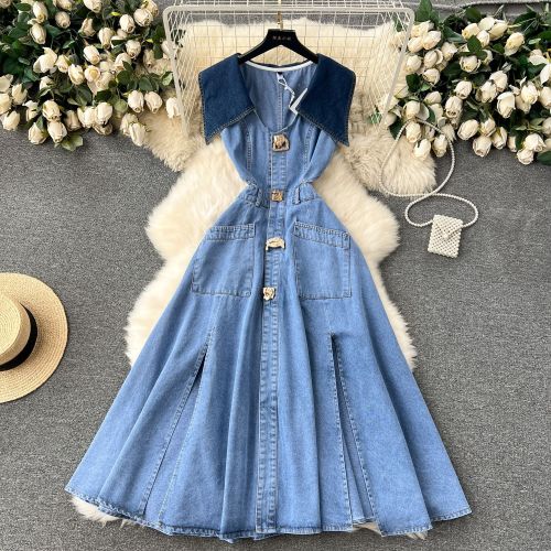 Sleeveless Collared Hollow-Out Waist-Exposing Vintage Denim Dress