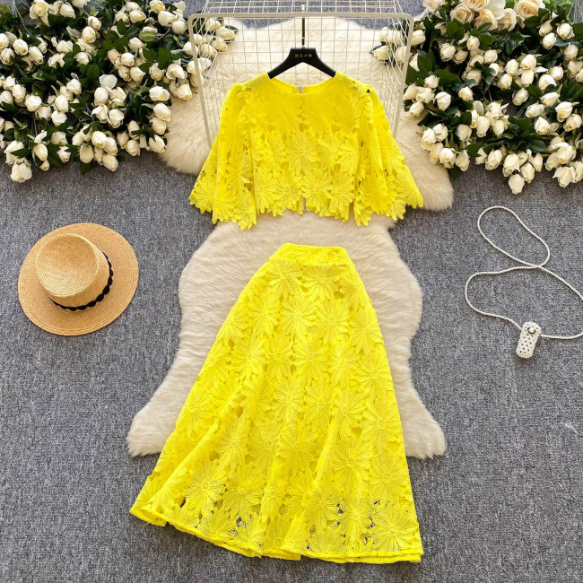 Lace Hollow-Out Short Flared Sleeve Shirt & High-Waisted Skirt Set for Women