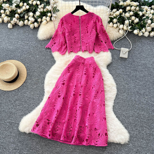 Lace Hollow-Out Short Flared Sleeve Shirt & High-Waisted Skirt Set for Women