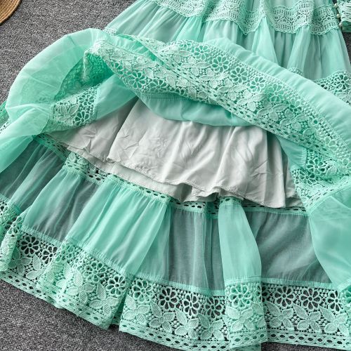 V-Neck Lace Panel Waist-Emphasizing Long Sleeve Elegant Dress