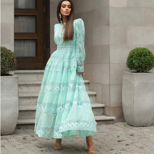 V-Neck Lace Panel Waist-Emphasizing Long Sleeve Elegant Dress