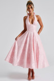 V-Neck Halter Sleeveless Jacquard Tie-Waist Maxi Dress