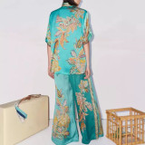 Floral Satin Short Sleeve Shirt & Casual Long Pants Set