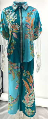 Floral Satin Short Sleeve Shirt & Casual Long Pants Set